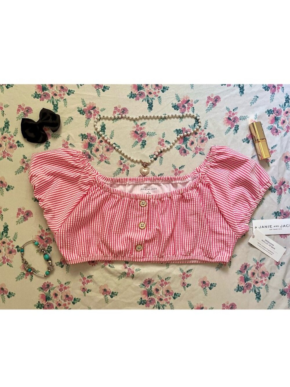 (NWT) Cute Pink & White Plaid Swim Top w/ White & Gold Buttons